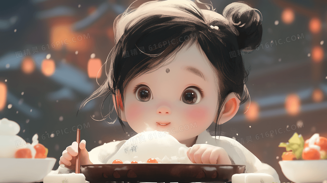 一个可爱的中国小女孩吃饭插画