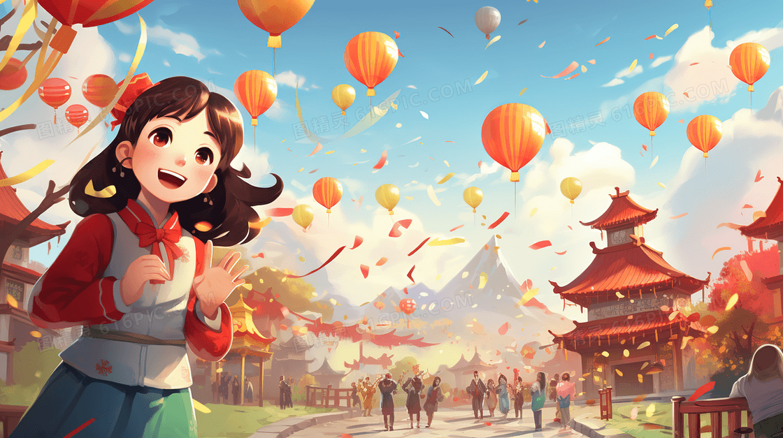 参加古城春节的庆祝活动的女孩插画
