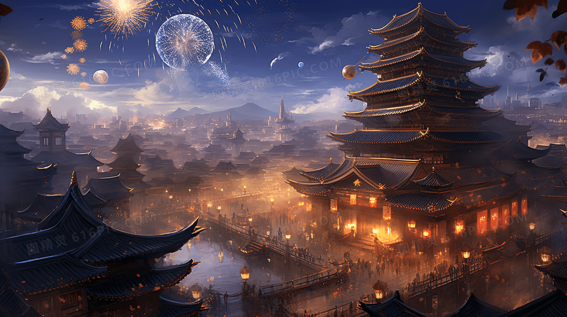 灯火通明的中国古代城镇夜景插画