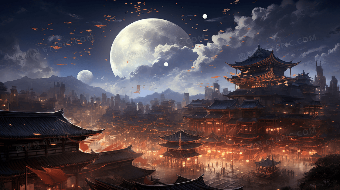 灯火通明的中国古代城镇夜景插画