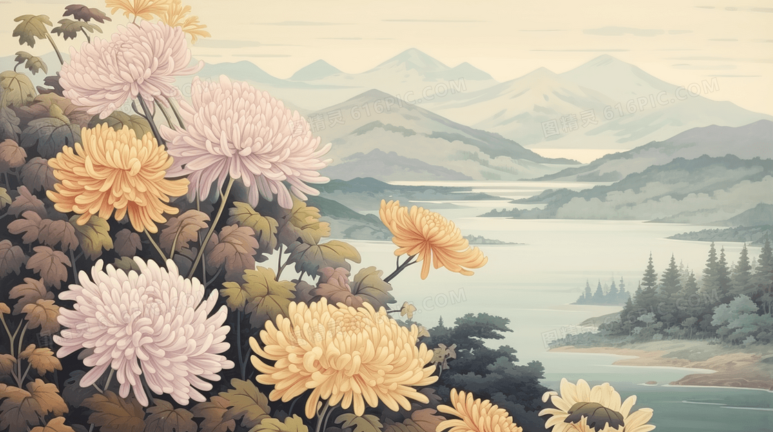 中国风淡雅菊花山水风景插画