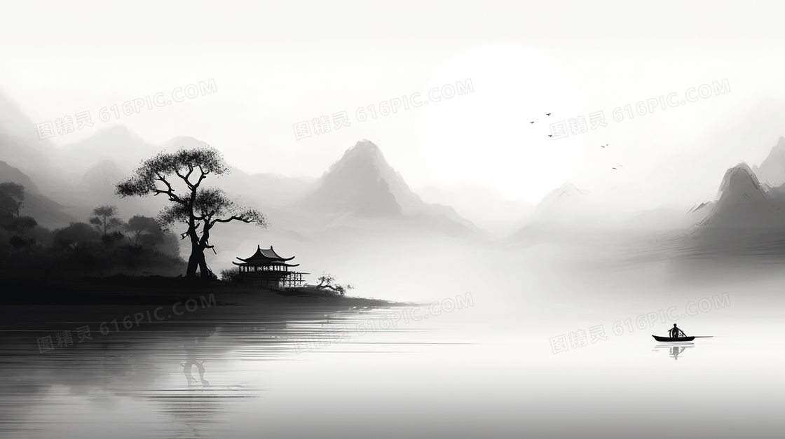 黑白中国风水墨山水意境风景插画