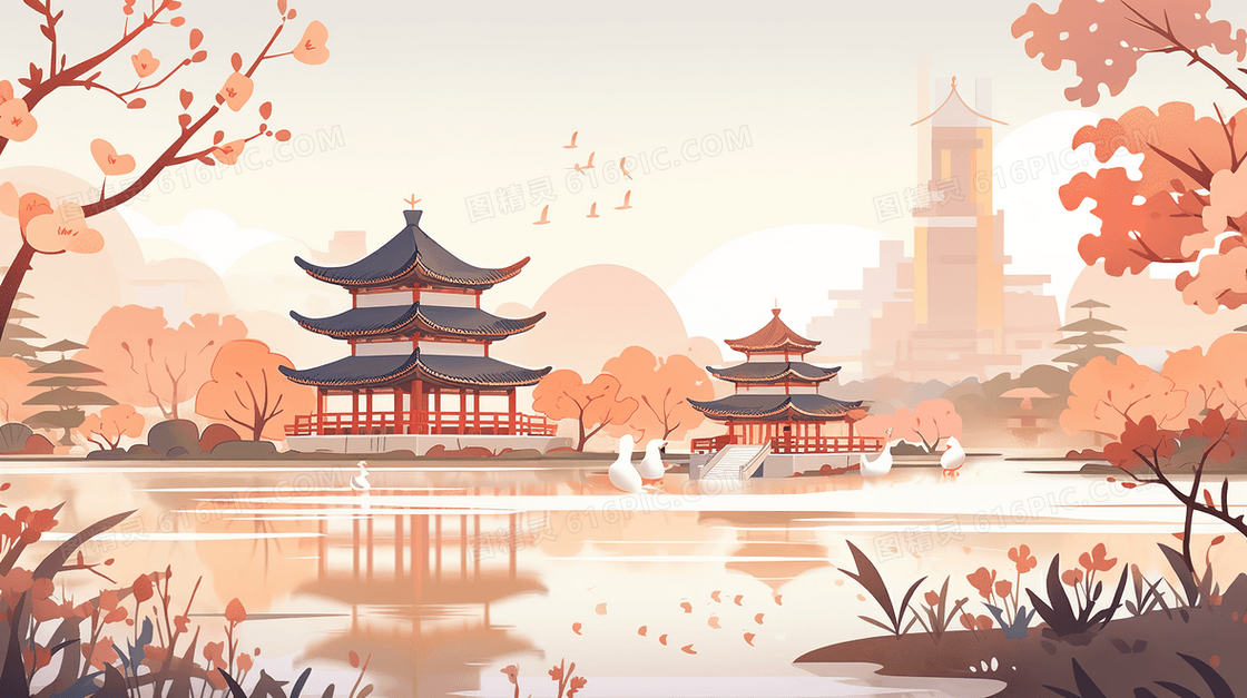 中国风湖边古典建筑风景插画