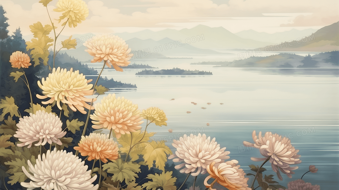中国风淡雅菊花山水风景插画