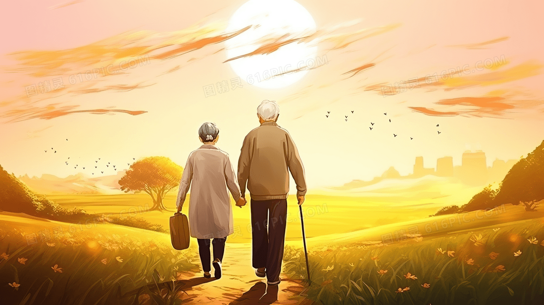 深秋一起徒步的老年夫妻风景插画