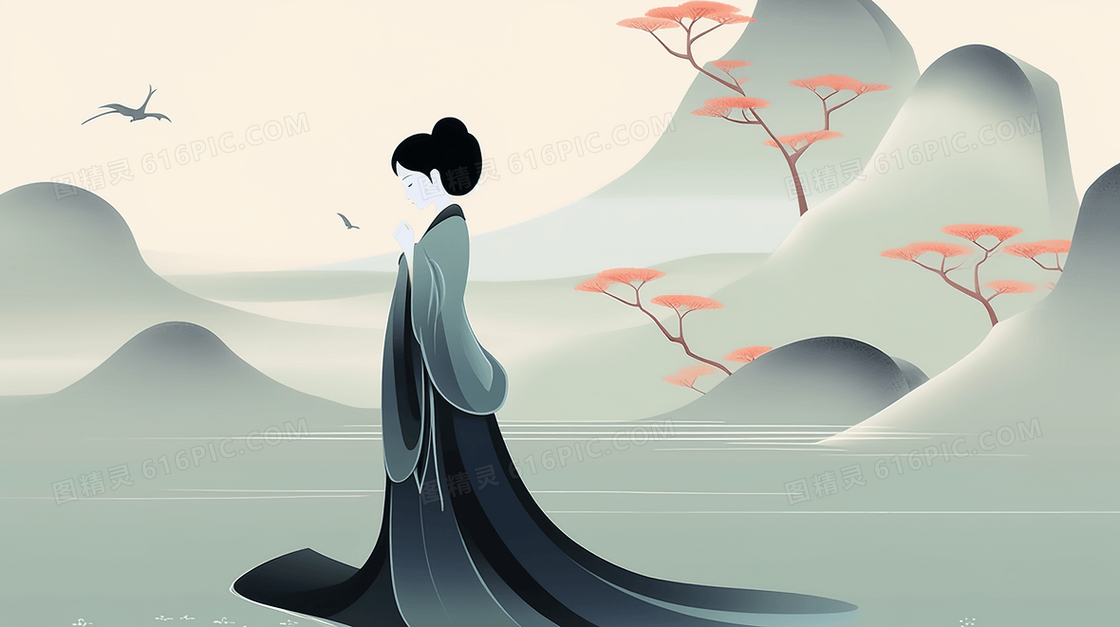 独立江边的妇人中国风水墨山水插画