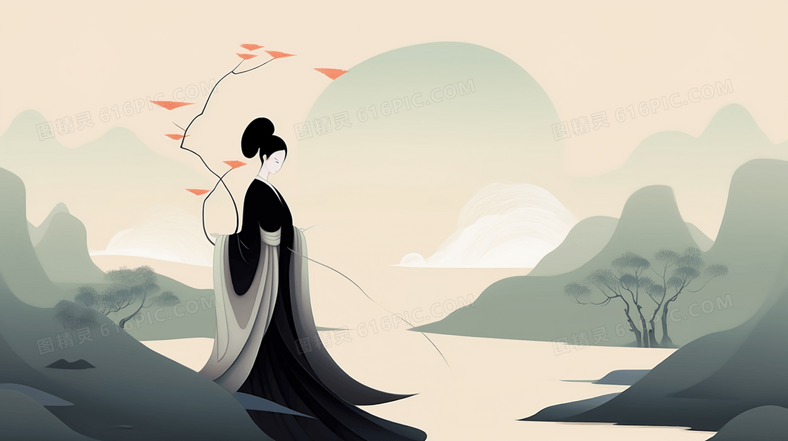 独立江边的妇人中国风水墨山水插画