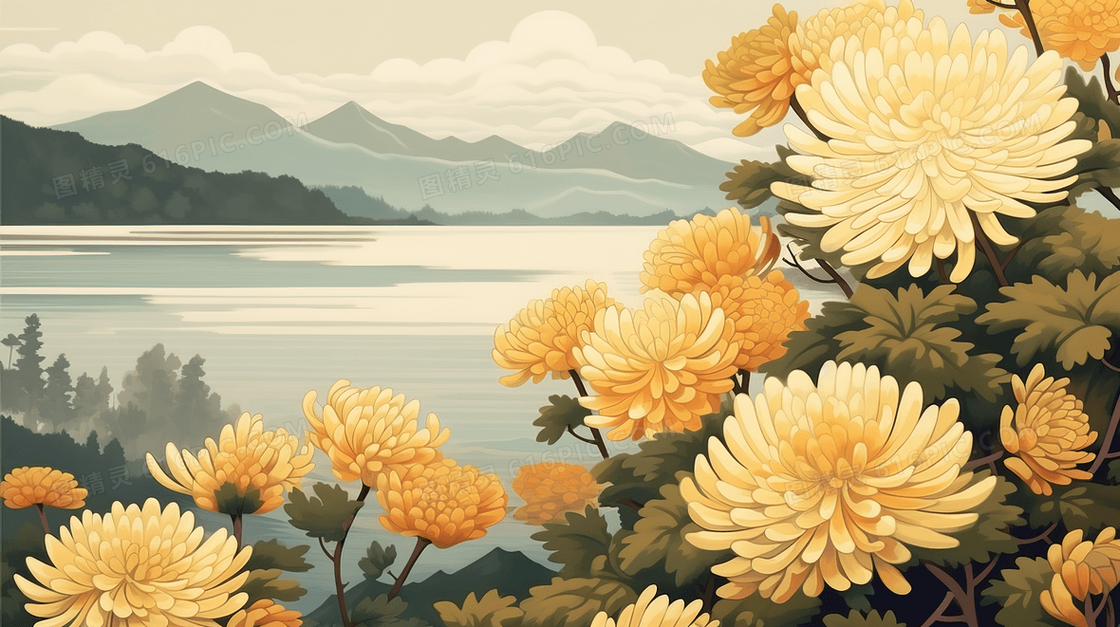 秋季盛开的金色菊花花朵插画
