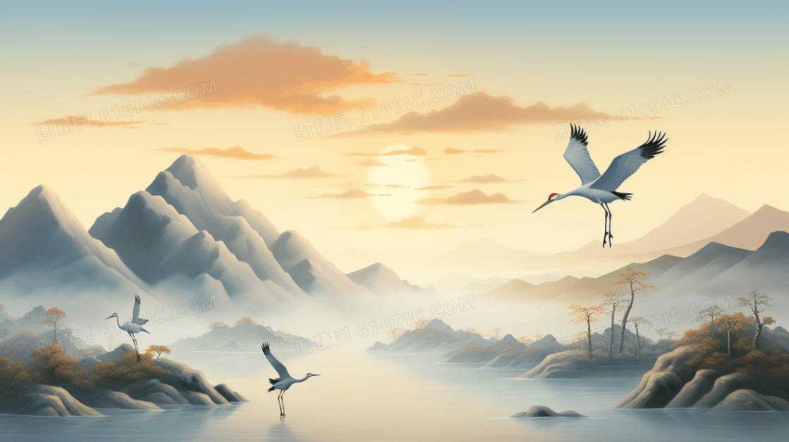 中国风仙鹤山水风景水墨意境插画
