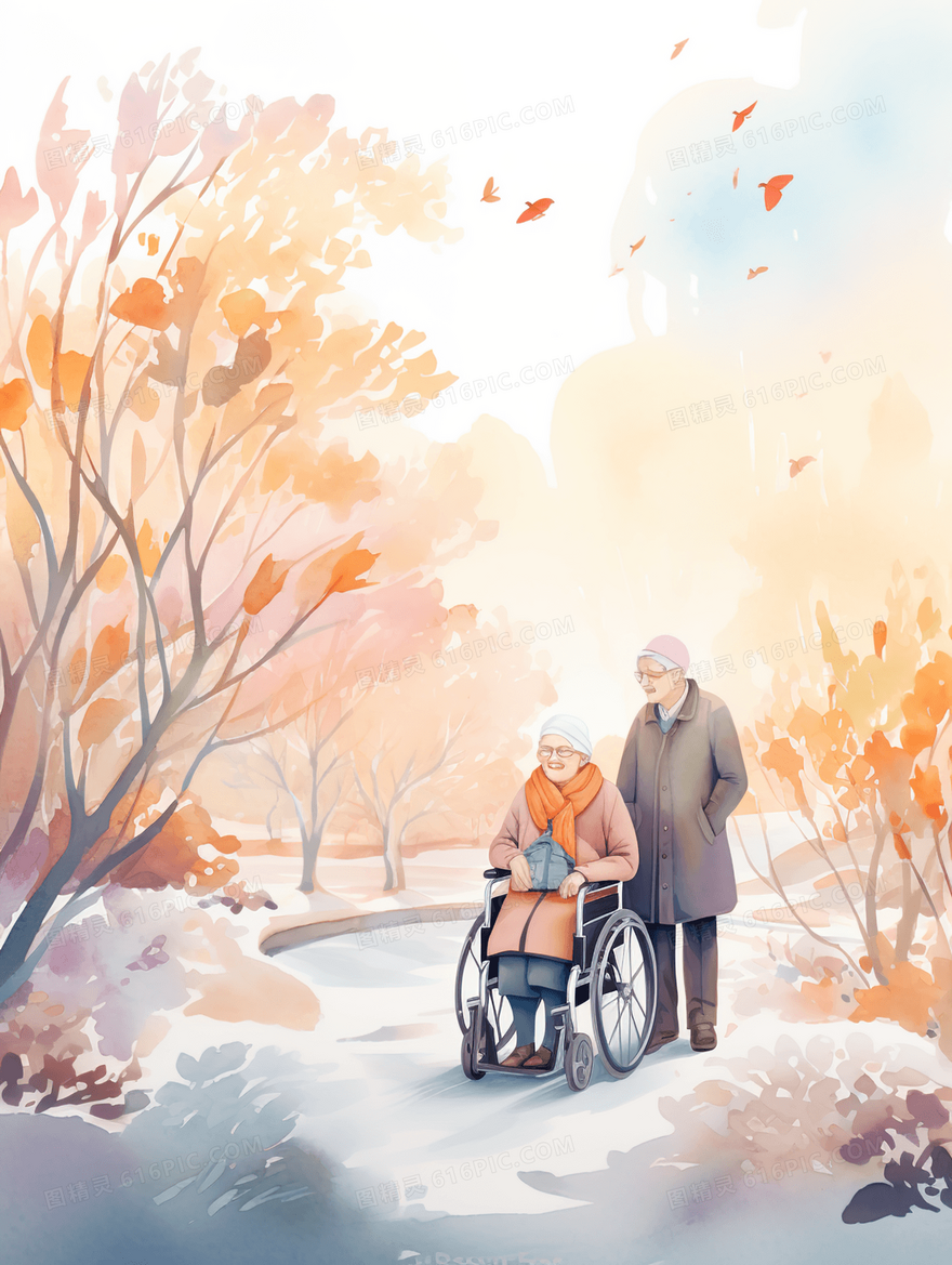深秋树林里散步的白发老人夫妻温馨插画