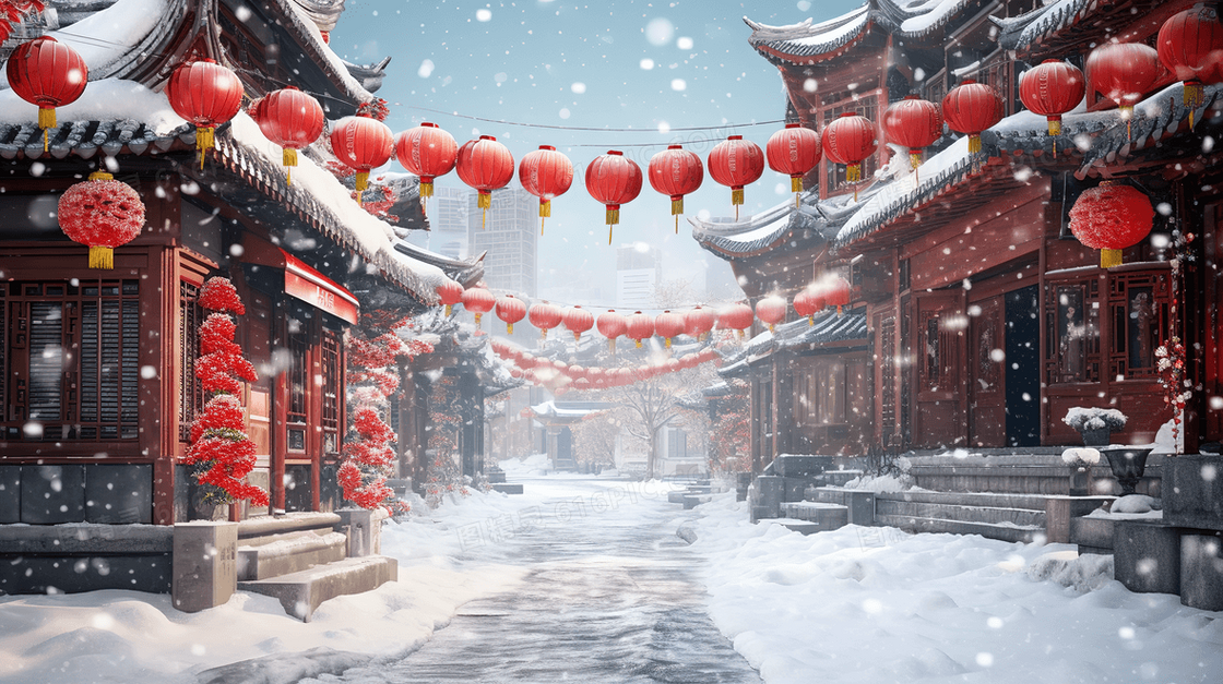 红色中国古典建筑节日喜庆插画
