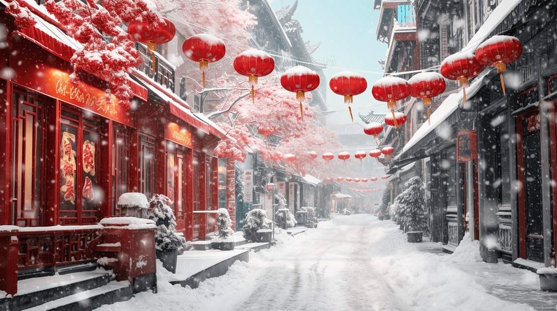 下雪天里挂着红灯笼的古镇街道建筑插画