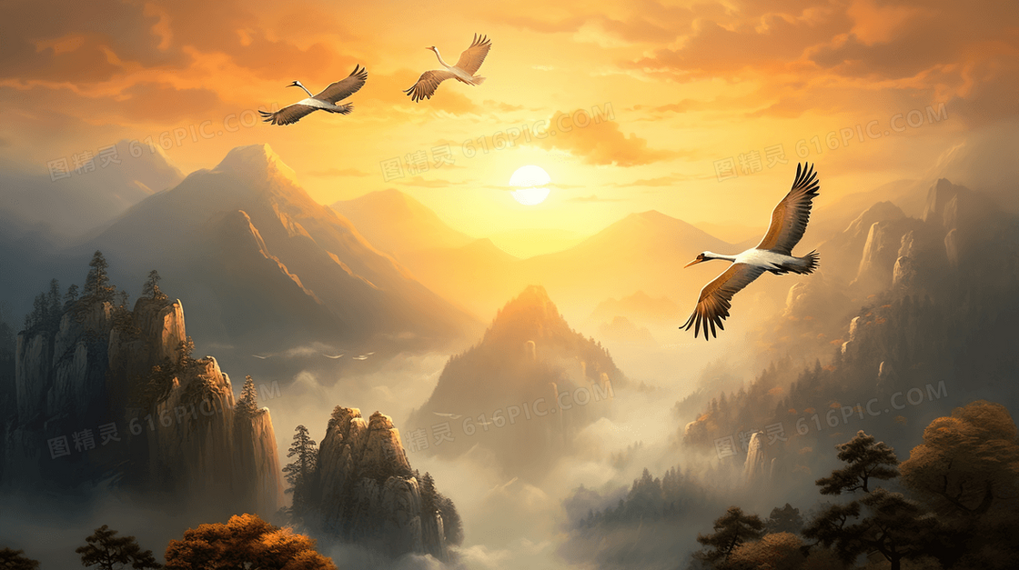 夕阳下飞翔的白鹤中国风山水风景插画