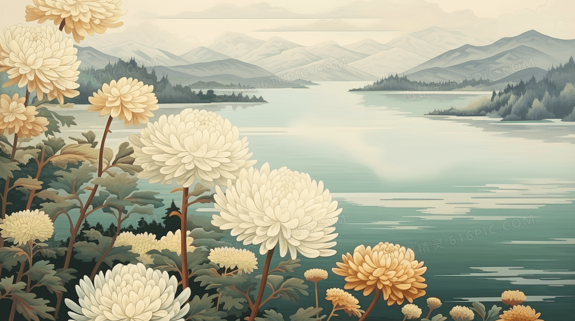 中国风淡雅菊花山水风景插画