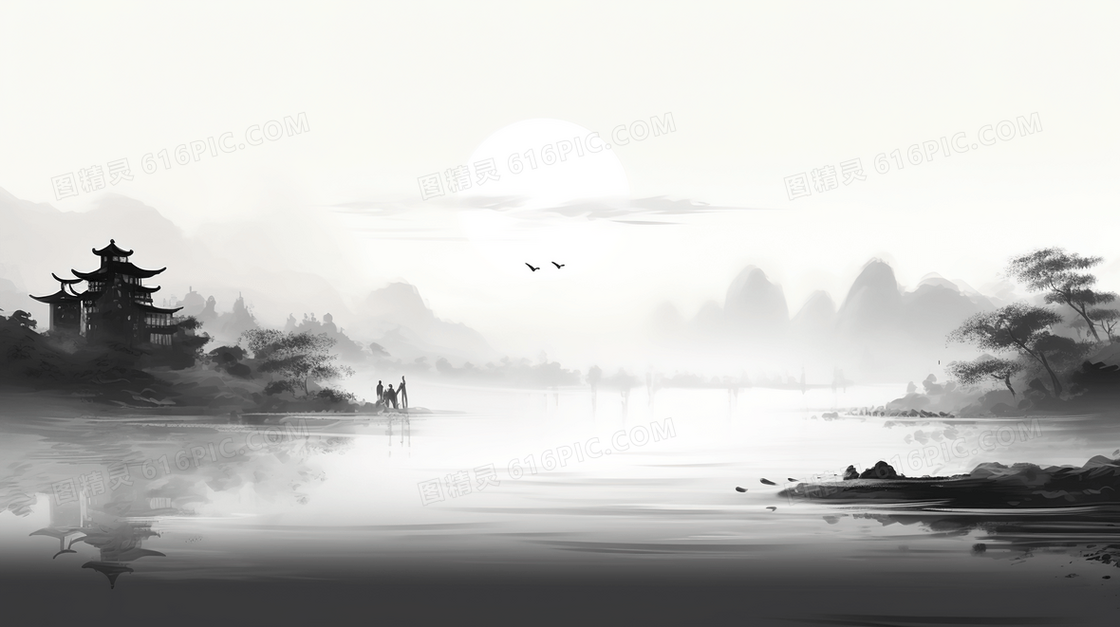 黑白中国风水墨山水意境风景插画