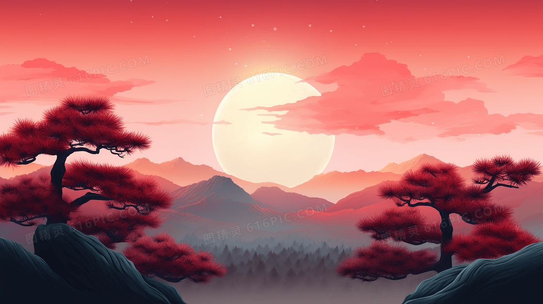山上松树湖泊日落重阳节插画