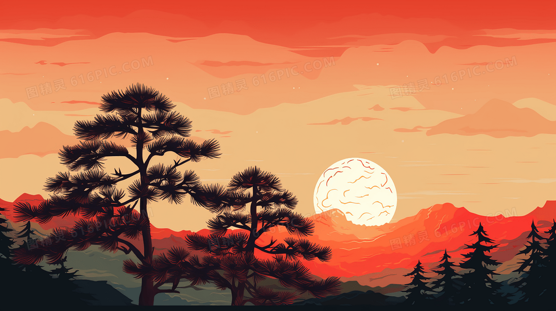 山上松树湖泊日落重阳节插画