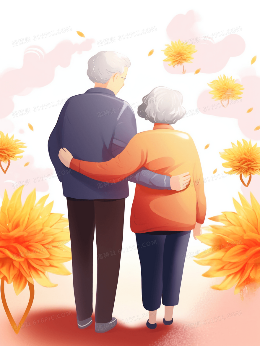 相互扶持的老夫妇背影重阳节插画