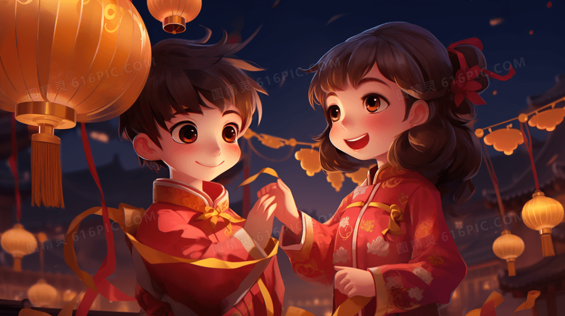 七夕节牵手的情侣插画