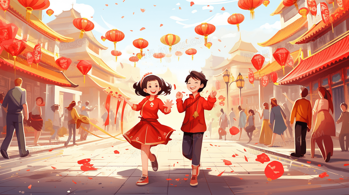 古镇街道上开心庆祝春节的人们插画