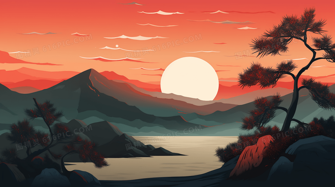 山上松树湖泊日落重阳节插画
