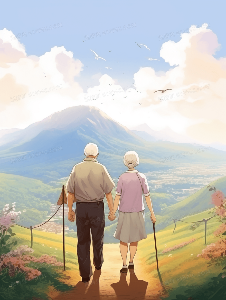 春天在山坡上徒步的白发夫妻温馨插画