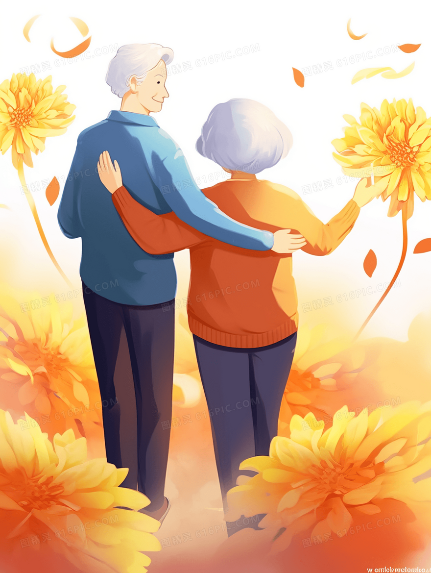 相互扶持的老夫妇背影重阳节插画