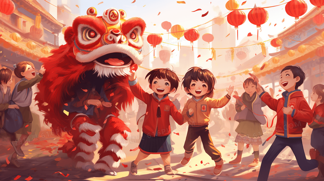 春节庆典的小孩和醒狮嬉戏插画