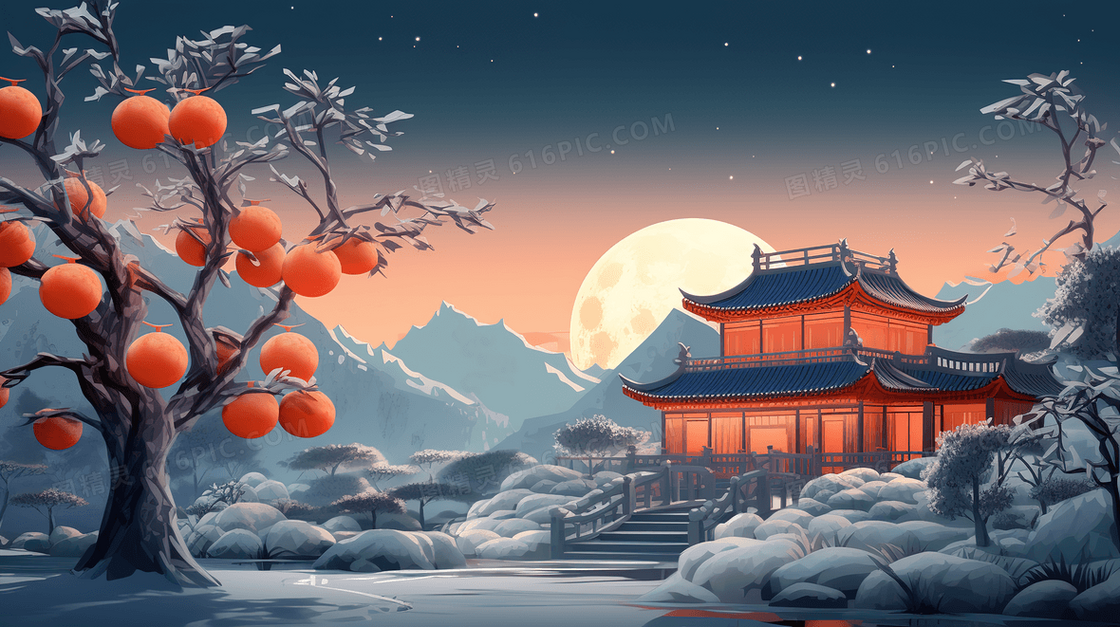 冬季雪地上的阁楼与门前的柿子树插画