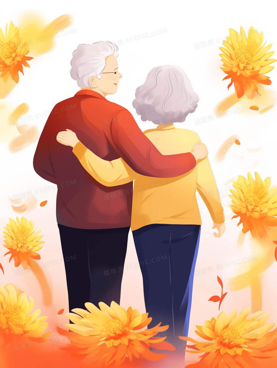 相互扶持的老夫妇背影重阳节插画
