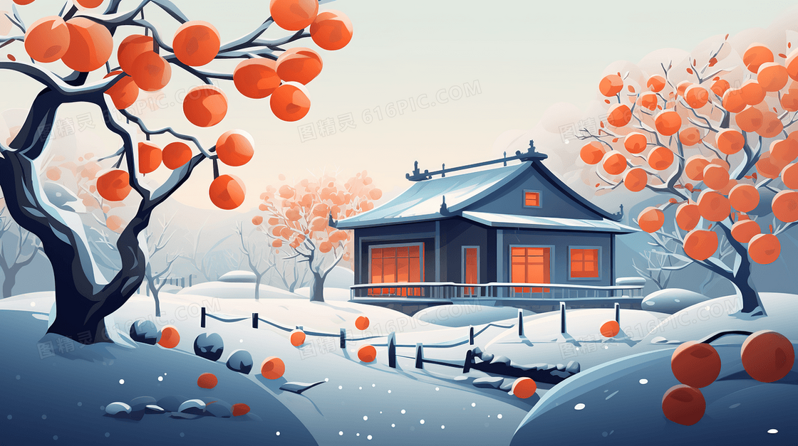 冬季雪地上的阁楼与门前的柿子树插画