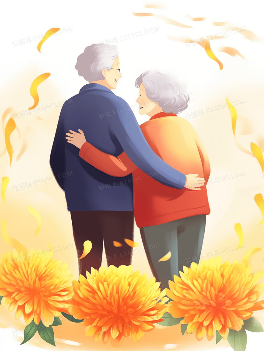相互扶持的老夫妇背影重阳节插画