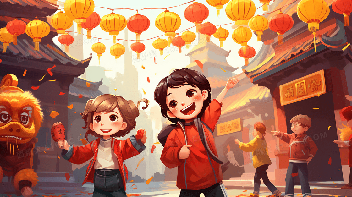 古镇街道上开心庆祝春节的人们插画
