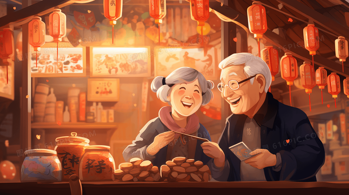 参加重阳节庆祝活动的老夫妻插画