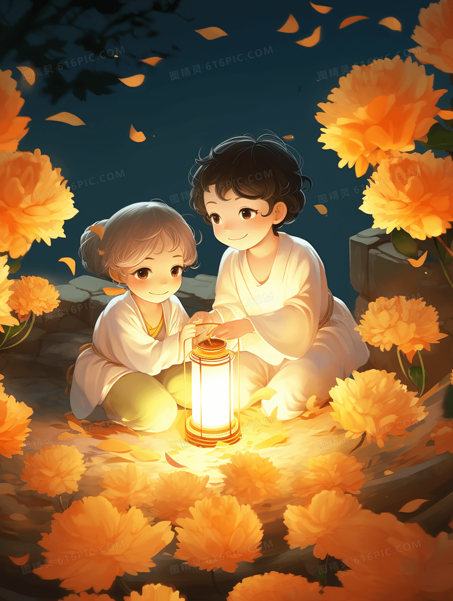 菊花花丛里的小孩重阳节插画
