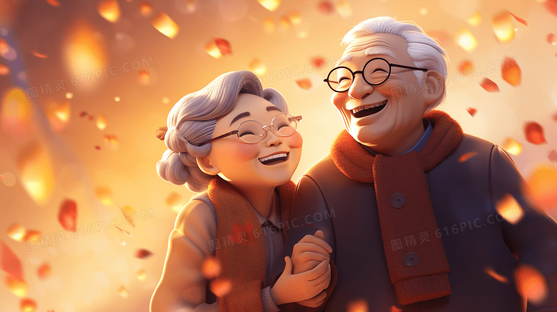 参加重阳节庆祝活动的老夫妻插画