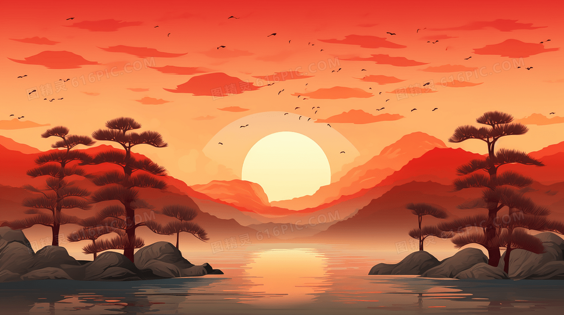 松树山水黄昏风景重阳节插画