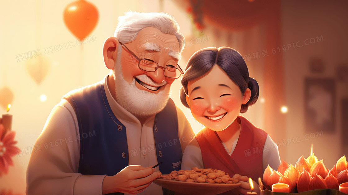 老夫妇相伴重阳节插画
