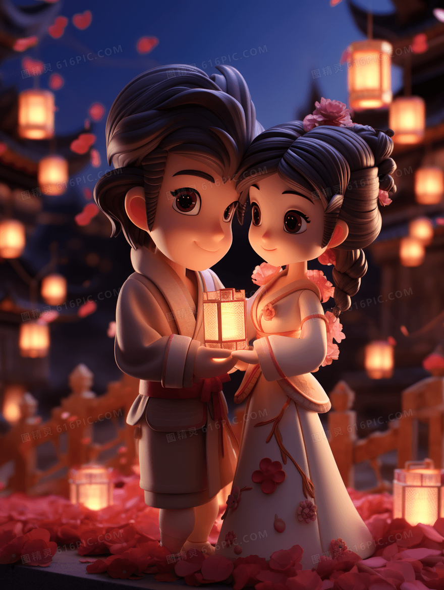 古镇里度过中国情人节的情侣插画