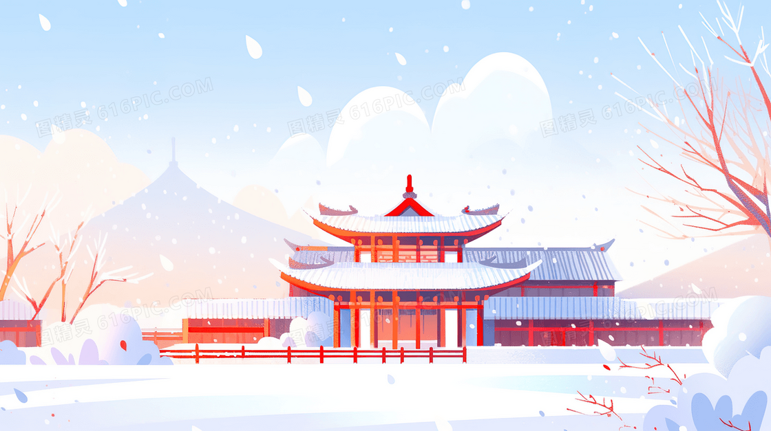 冬季雪中的亭台楼阁插画