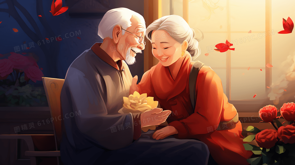 老夫妇相伴重阳节插画