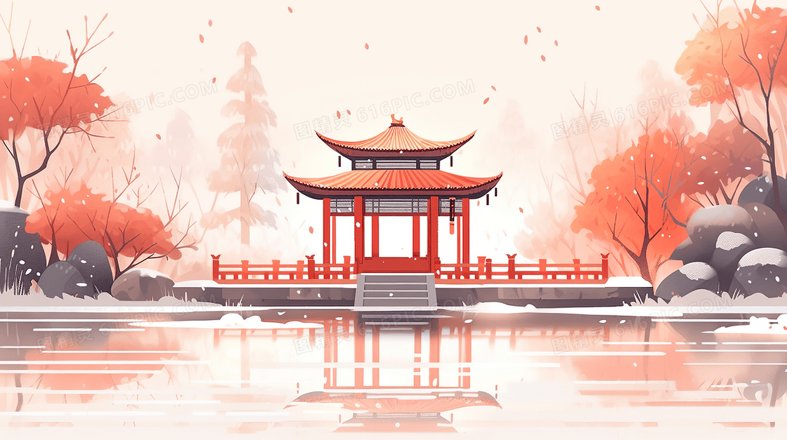冬季雪中的亭台楼阁插画