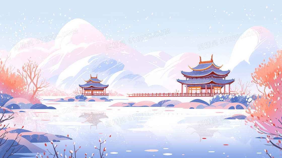 冬季雪中的亭台楼阁插画
