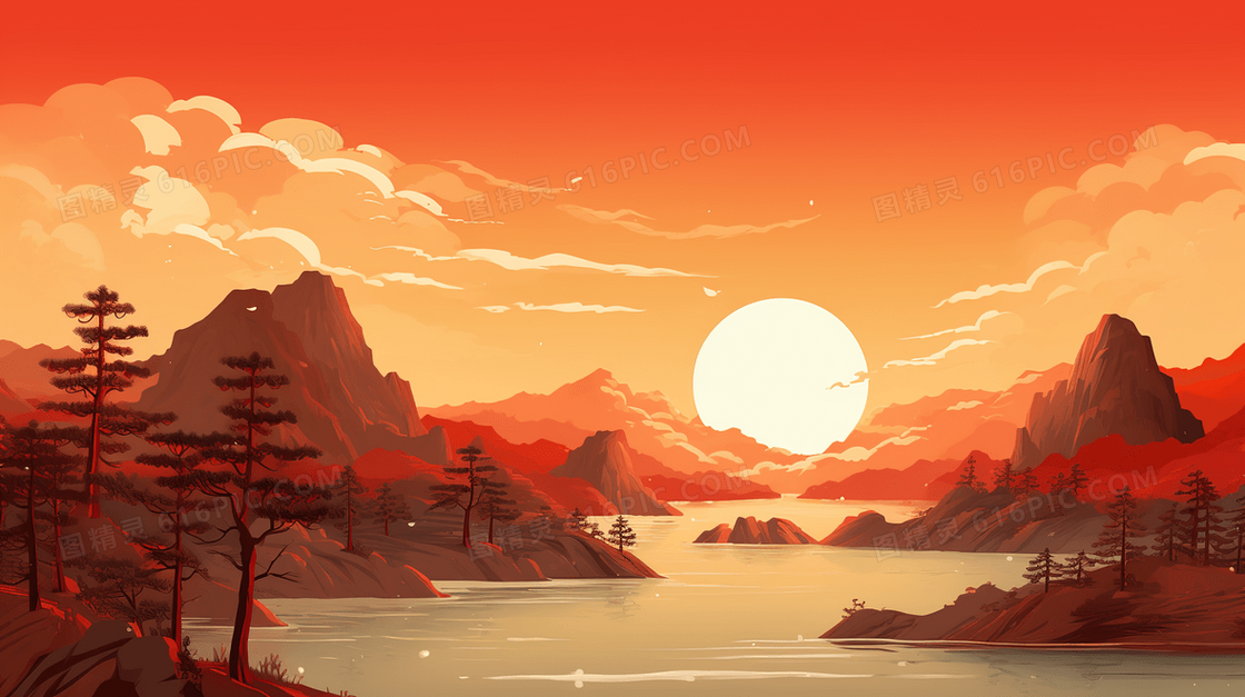 松树山水黄昏风景重阳节插画