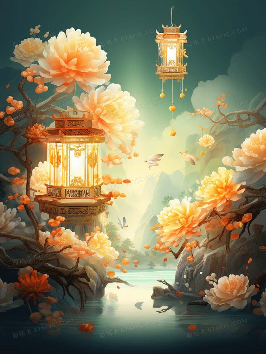 湖泊旁的菊花与灯笼重阳节插画