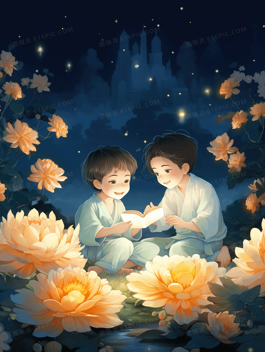 菊花花丛里的小孩重阳节插画