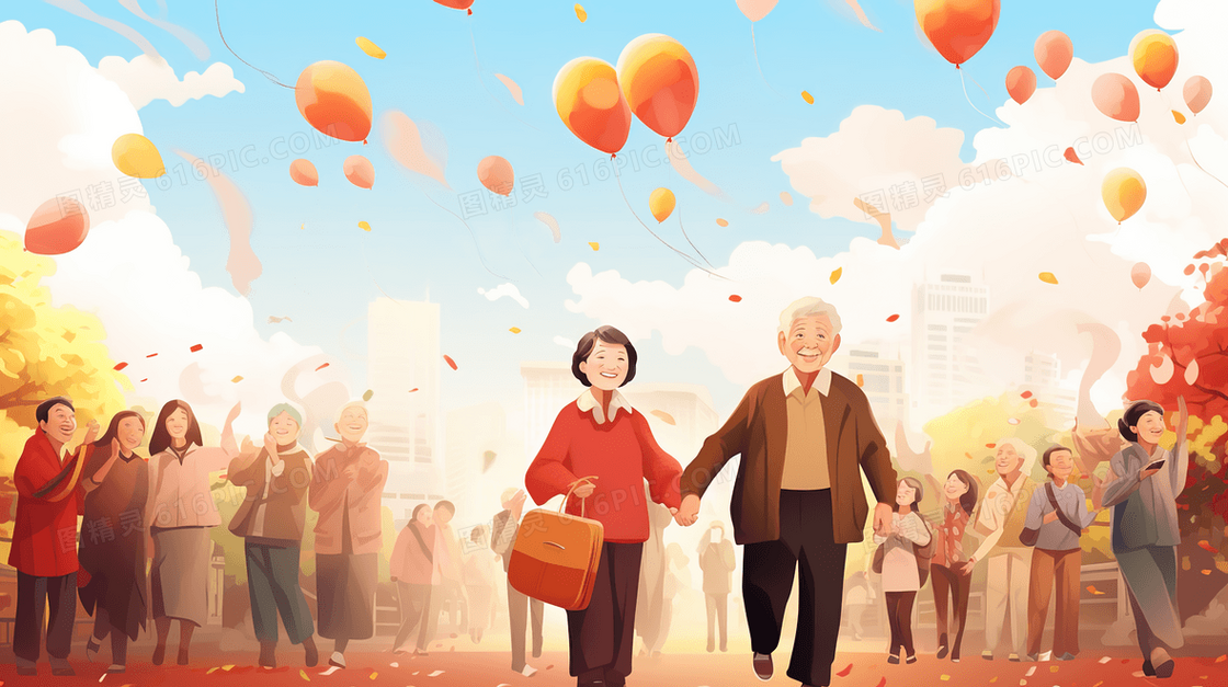 参加重阳节庆祝活动的老夫妻插画