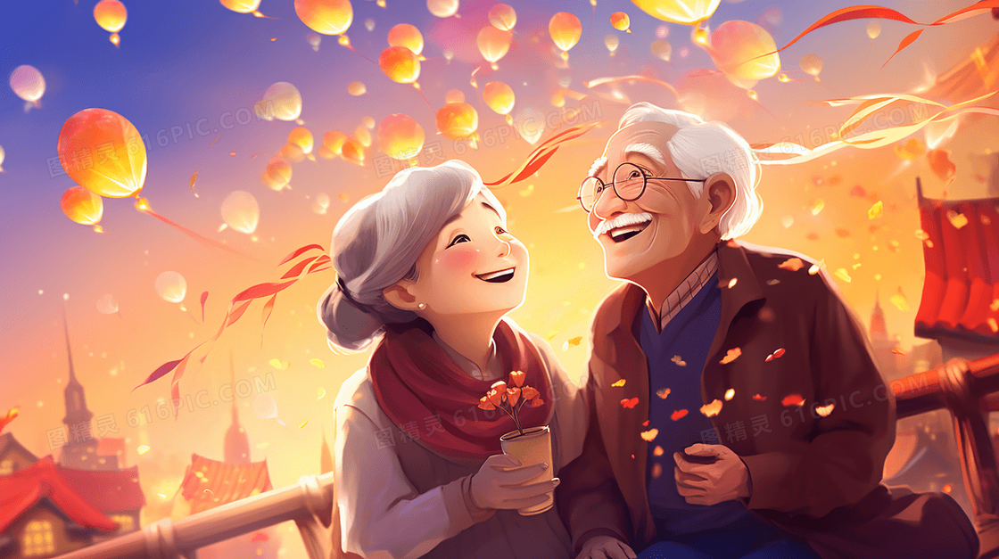参加重阳节庆祝活动的老夫妻插画