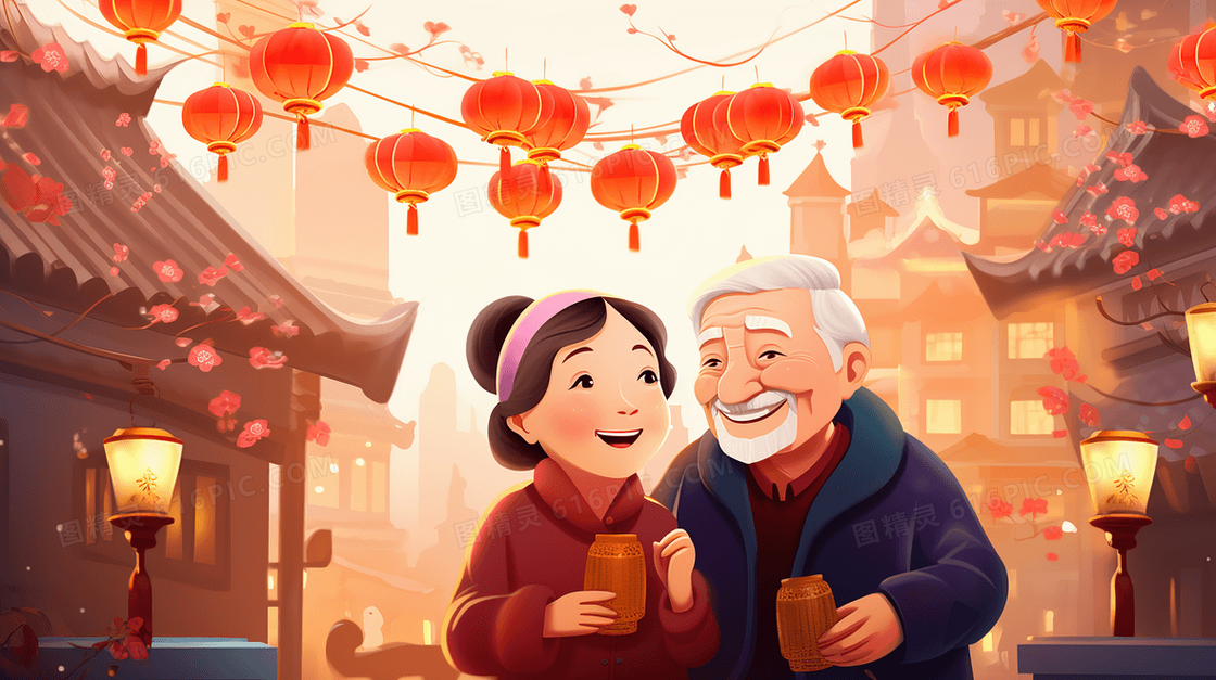老夫妇相伴重阳节插画