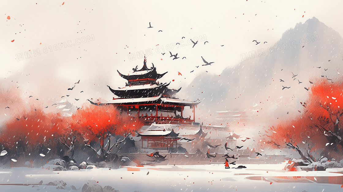 红色古典建筑风景插画